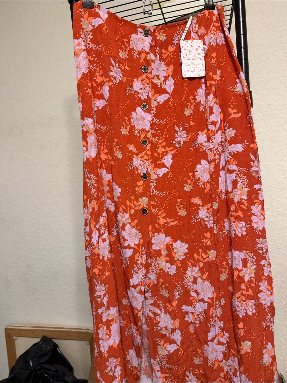 Free People Orange Floral Maxi Skirt with Front Buttons